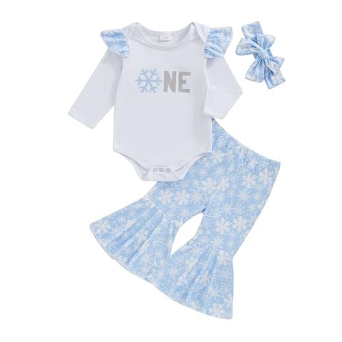 Image of Filgriox Winter Onederland 1st Birthday Girl Outfit One Romper Snowflake Print Flared Pants Headband Cake Smash Outfit