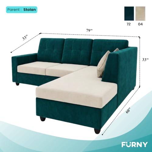Image of FURNY Nathan 4 Seater L Shape Sofa Set RHS (Green Teal-Cream) | Suede Velvet Finish | Durable Comfort Sofa for Modern Living Room & Office Spaces