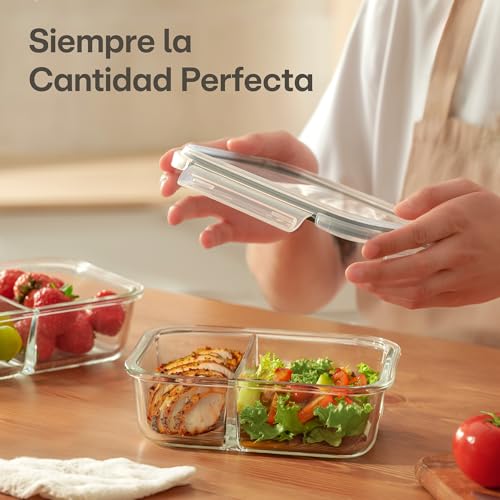 Miniatura 2 de Praknu Meal Prep Cristal Con 2 Compartimentos - Juego De 2 Recipientes Hermeticos - 1 Litro - Aptos Para Lavavajillas, Microondas Y Horno