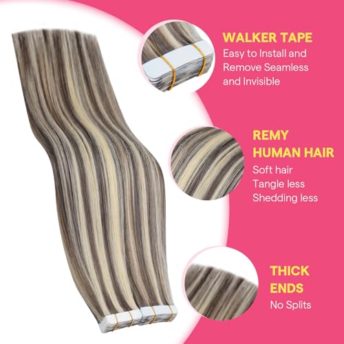 Image of Ve Sunny Hair Tape in Extensions Light Brown Highlight Blonde | Human Hair Extensions Tape ins,20Inch 25g 10Pcs,Adhesive Smooth,for Prom Party