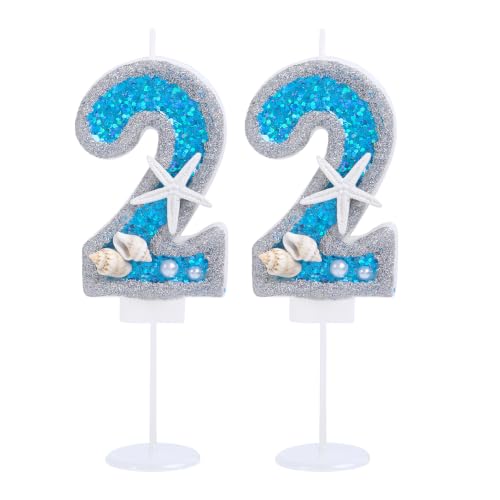 Kinsynko Glitter Sequin Starfish Number 22 Candle Mermaid Blue Cake Topper
