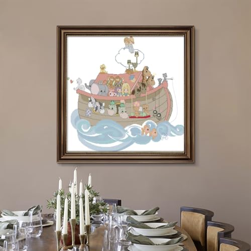 Image of JOYSEWING Cartoon Animal Boat Stamped Kits Cross Stitch for Adults 11CT Counted Patterns Easy DIY Gift Embroidery Kits for Beginner Animal Craft kit Home Decor (Noah's ark (Printed) 32.7x29.9 inch