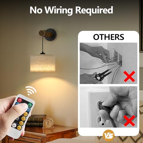 Image of XSDeTu Battery Operated Wall Sconce with Remote, Rechargeable Battery Powered Wall Light, 3 Colors Dimmable Wall Mounted Lights, Adjustable Lamp for Bedroom Bedside, Wooden Arm, Fabric Shade, 2 Pcs