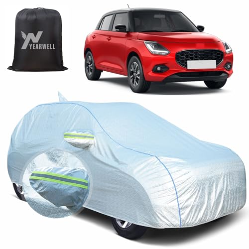 Image of Car Body Cover for Maruti Swift 2024, 100% Waterproof, Heat-Resistant with Mirror & Antenna Pockets, Soft Cotton Lining, Triple Stitched, Piping & Reflector (Reflective Silver)