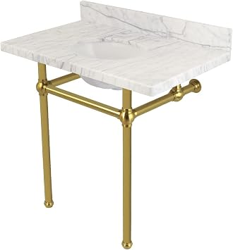 Kingston Brass Fauceture KVPB36MB7 Templeton Carrara Marble Bathroom Console Vanity with Brass Pedestal, Carrara Marble/Brushed Brass