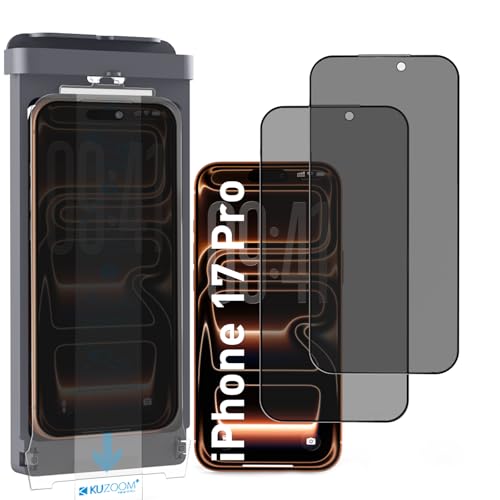 KUZOOM 2 Pack 28° Privacy Screen Protector for iPhone 17 Pro [6.3 Inch], Anti Spy Private 9H+ Tempered Glass Shatterproof Anti-Scratch Protective Film with Auto-Alignment Installation Frame by KUZOOM - Used condition - US$7.47