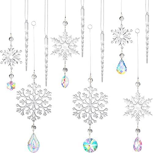 Suzile 12 Pieces Christmas Tree Decoration Ornament Acrylic Icicle Christmas Hanging Acrylic Crystal Snowflake Decoration Hanging Acrylic Snowflake for Christmas New Year Party Decor (Colorful)
