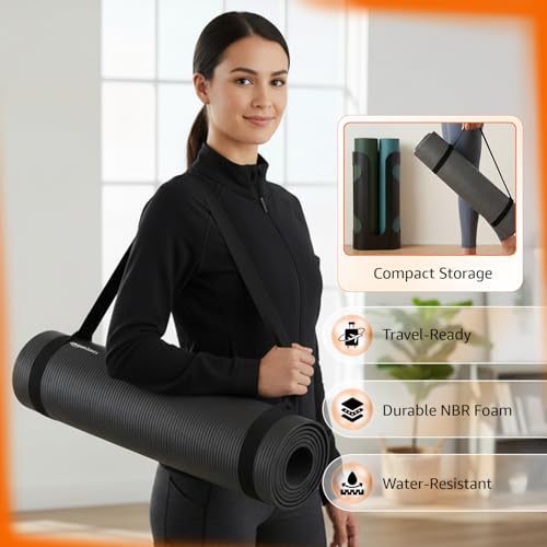Image of Amazon Basics NBR Yoga & Exercise Mat with Carrying Strap | 10 mm Thick Cushioned Support | Non-Slip Textured Surface | Durable Foam Rubber Material | Floor Protection | Ideal for Yoga, Pilates & Home Workouts | 183 x 61 cm | Black