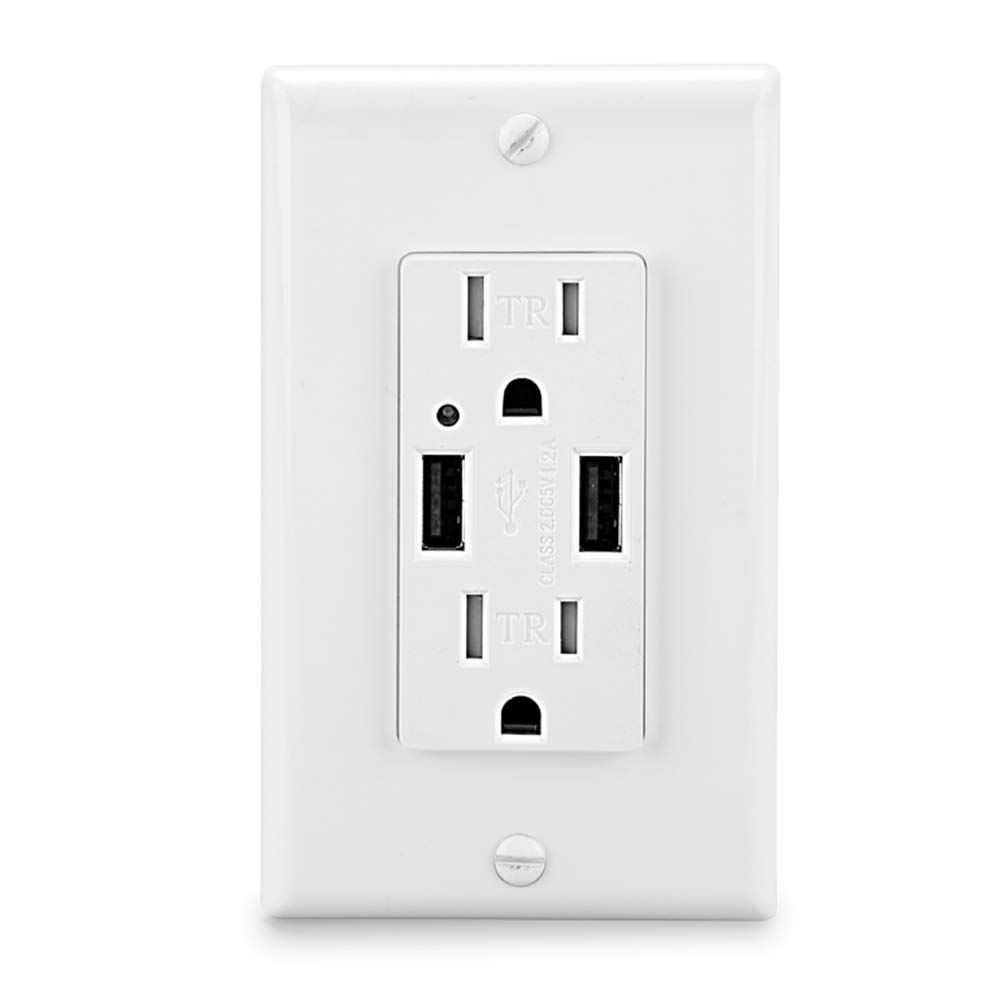 LEOD 4.2A 5V Smart High Speed 2 USB Port Charger Wall Outlet with 2 Types Free Wall Plates(Standard and screwless Included),15A Tamper-Resistant Dual USB Receptacle, White,UL Listed (1 Pack)