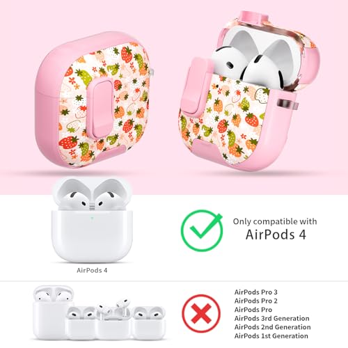 Image of for AirPods 4 Case with Safty Lock & Phone Stand,Cute Floral Pattern Style | PC & TPU Dual Layer Protective Cover with Keychain & Cleaner Pen for Apple AirPod 4th Generation 2024 Women (Strawberry)