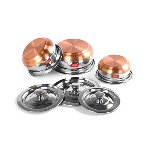 Sumeet Stainless Steel Copper Bottom 3 Pc Handi / Cookware/ Serveware Pot Set With Lid 360Ml, 500Ml, 800Ml, (Silver) #TOP4