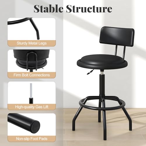 GIANTEX Taburete Giratorio Set de 2 para Isla de Cocina y Barra Ajustable en Altura con Asiento y Respaldo Acolchonado, Reposapiés, Estructura Metálica, Tapizado en Cuero PU Negro miniatura 5