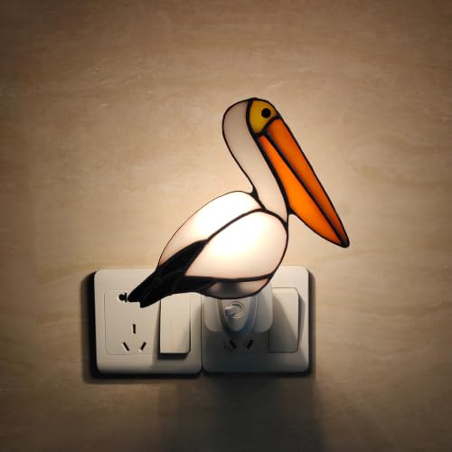 Image of CHEZBABY Stained Glass Night Light Plug into Wall Lamp Decorative Accent Nightlight for Hallway Bedroom Bathroom Kitchen Home Decor(Pelican)