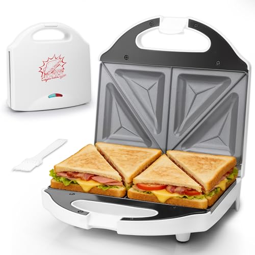 AshGlen - Prensa de sándwich para desayunos de cerámica para 2 rebanadas, mini prensa de sándwich, fabricante de queso, eléctrico. Tostadora/Sandwichera, Rejilla-Sandwich, Revestimiento de Cerámica,