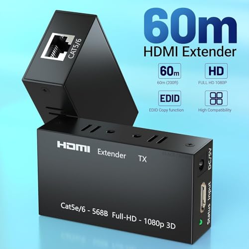 Image of BLACK CROWN 60 Meter HDMI Extender /Extension Over LAN CAT6 CAT5e Cable (in Pair - RX Receiver with TX Transmitter) for CCTV Camera System, Projectors, LED LED TV, Gaming Consoles (BLACK)