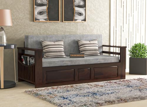Image of Solid Sheesham Wooden Sofa Cums Bed with Mattresses for Living Room|Rosewood 3-Person Sofa Cums Bed for Bedroom Without Pillow (E-Walnut Finish)