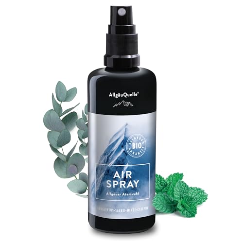 AllgäuQuelle® BIO-Airspray mit 100% Bio-Öle Allgäuer Atemwohl Eukalyptus Salbei Minze Cajeput (100ml). Natürlicher BIO-Raumduft m. ätherische Öle. BIO-Raumspray naturrein und biologisch.