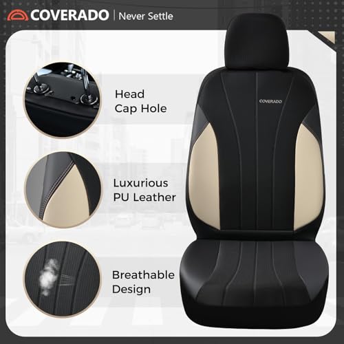 Image of Coverado Automotive Seat Covers Front Seats, Luxury Car Seat Covers, Auto Seat Covers 2-Pack, Beige Driver Seat Protectors, Universal Fit for SUVs, Trucks, Sedans