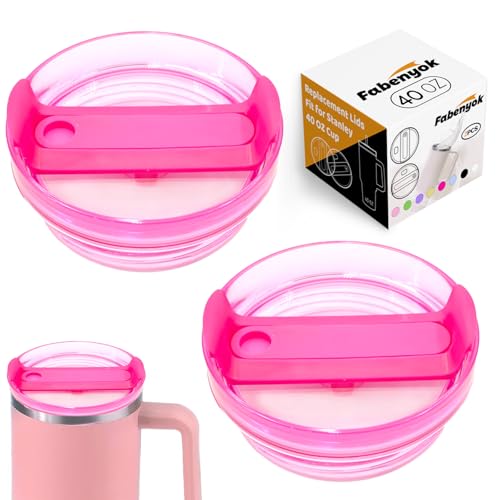 Fabenyok 40 OZ Tumbler Lid Replacement Fit for Stanley Cup, 2 Pack Clear Replacement Lids Fit for Stanley Travel Tumbler, Spill Proof Tumbler Covers for Stanley Cup Accessories (Hot Pink)