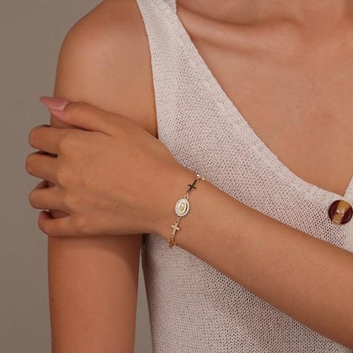 14K Gold Plated Virgin Mary Cross Bracelet for Women catholic bracelets Confirmation Gifts with Sparkling Zircon Stones religious bracelets first communion gifts4