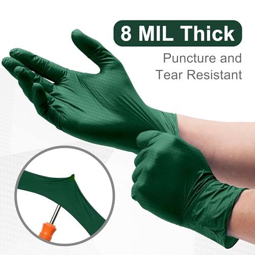 WECARE Green 8 Mil Nitrile Gloves Medium 50 Pack - Heavy Duty Mechanic Gloves, with Diamond Grip - Powder and Latex Free Disposable Gloves