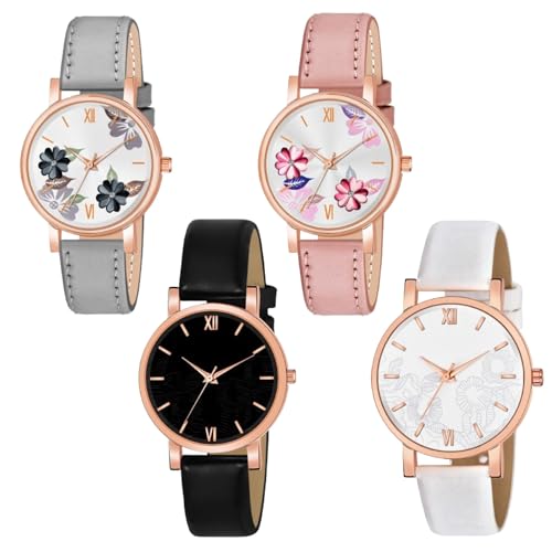 Image of Multicolor Flower Dial Leather Strap Gifts for Women Formal Girl's and Women's Watch Women's Analog Combo Watch for Women (Pack of 4)