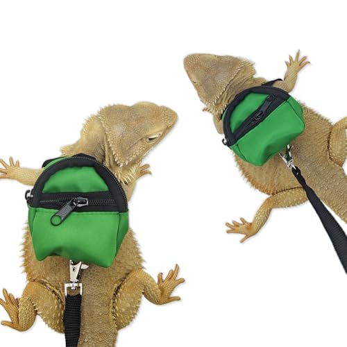 Image of Bearded Dragons Harness Leashes Set Cute Backpack Back to School Design for Small Pets Reptile Lizard Crested Gecko Chameleon Rat Hamster Squrriel Ferret Photo Shoot (Green)