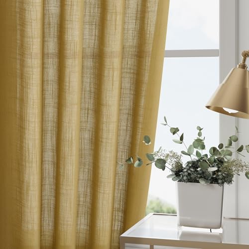 Image of Nanspring Gold Linen Curtains 84 Inch Length 2 Panels Set for Living Room Rod Pocket Back Tab Light Filtering Window Drapes for Bedroom Dining Room Protect Privacy Modern Farmhouse Decor 52x84