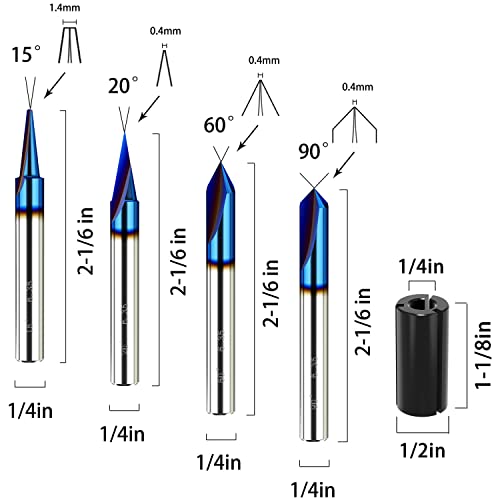 Helovmine Engraving Bits 15, 20, 60, 90 Degree Cnc Wood Carving Router Bit Set With Nano Blue Coated, Marking Conical Engraving Router Tool , 2 Flutes Tungsten Steel Straight Cnc V-Bit 1/4 Inch Shank #TOP2