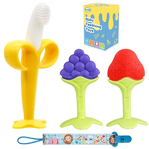 Image of Baby Teething Toys, 3 PCS Teethers Set for 3-6 Months & 6-12 Months, Baby Essentials, Infant Toys, Baby Chew Toys Set Food Grade Silicone, Banana Shape Toothbrush Teethers Fruit Shape Teether Set