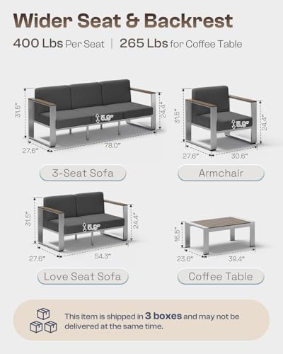 Image of Aluminum Outdoor Furniture Set, 4 Seats Outdoor Patio Conversation Sets with Ergonomic Seat and Wide Washable Thick Cushions, Modern Patio Sectional Furniture for Balcony, Porch (Charocal)
