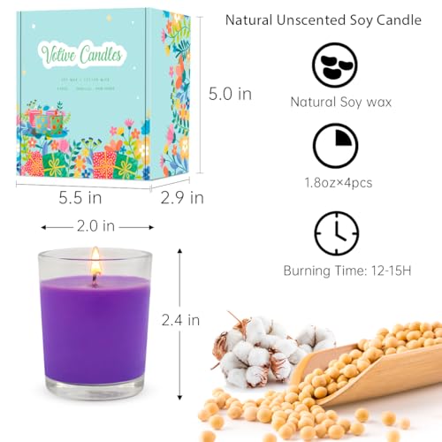 Image of 4 Packs Unscented Purple Votive Candles in Glass, 2 Inch Natural Soy Wax Scentless Candles for Wedding Party Home Holidays Relaxation Spa, 12-15 Hour Burning Time