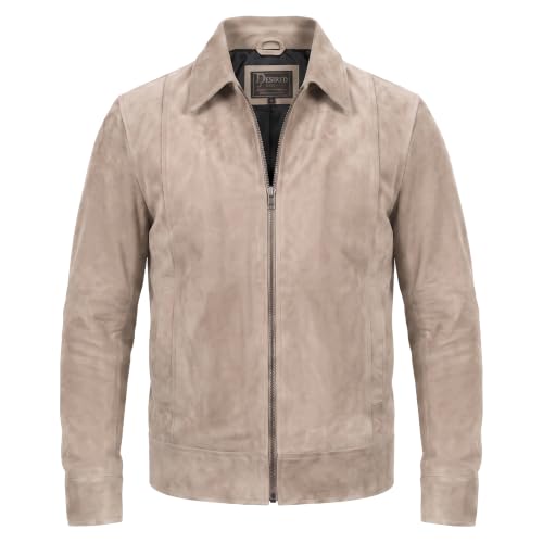 Image of Mens Polo Collar Zipper Suede Shirts Long Sleeve Shacket Suede Trucker Jacket Real Suede Leather Shirt
