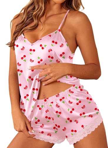 Image of Ekouaer Satin Pajamas Women Lace Sleepwear Lingerie Cami Shorts Set Nightwear XS-XXL