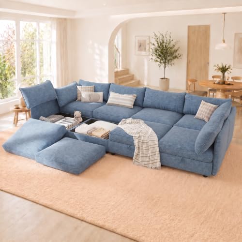 Image of 125 inch 8 Seat Modular Sectional Sleeper Sofa, Chenille Modern Modular Sofa Bed Hidden Storage, Convertible L&U Shaped Sleeper Couch with Ottoman, Couches for Living Room, Blue
