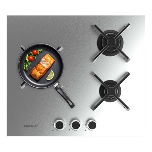 Cecotec Placa de Gas 3 Fuegos Bolero Squad G 3400S Inox. 6.2kW, Acero Inoxidable, Parrillas Hierro Fundido, Quemador WOK Triple Corona, Encendido Electrónico, Seguridad en Válvulas, Accesorio de Gas