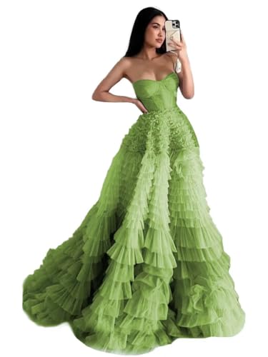 Women's Tulle Prom Dresses Sweet 16 Ball Gown Strapless Ruched Bodice Tiered Evening Dress with Gradient Color Ruffles