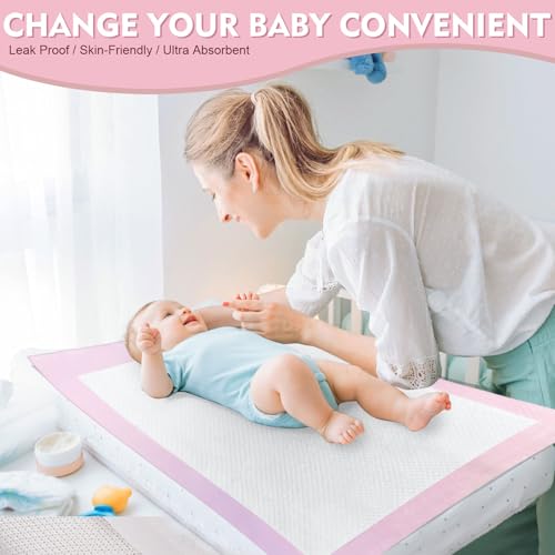 SKY-TOUCH 100 Pieces Baby Disposable Changing Mats,Waterproof Baby Changing Pads, 45x60 cm, Highly Absorbent Leakproof Changing Pad Baby, Ultra soft Diaper Changing Mat Underpads for Baby Pink