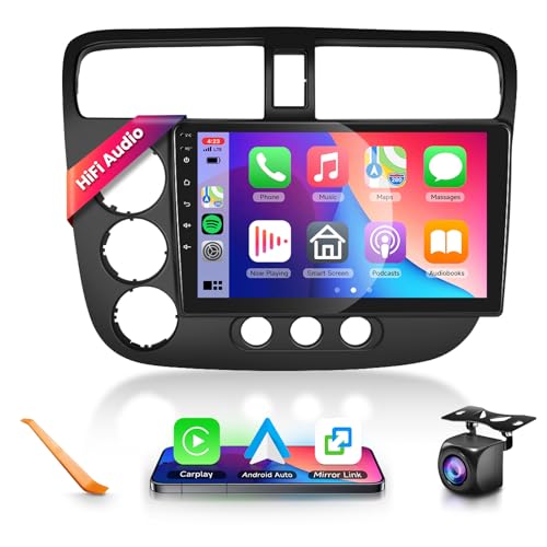 Car Radio Stereo with HiFi Audio for Honda Civic 2001-2005, Wireless CarPlay-Android Auto 9 Inch HD Touch Screen Android 13 GPS WiFi Bluetooth FM-RDS EQ HD Backup Camera
