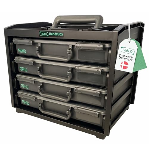 raaco HandyBox 55x4, Premium Sortimentskasten für Werkstatt, Tragerahmen mit 4 Sortierkasten für Kleinteile, Traglast 25 kg, Sichere Aufbewahrung, Kleinteilemagazin 26,5 x 37,6 x 31 cm