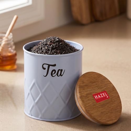 Image of HAZEL Tea Storage Container with Wooden Lid Metal Airtight Canister, 500ml