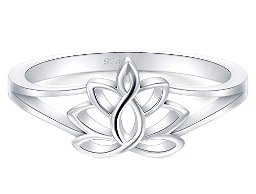 P4 Creation 925 Sterling Silver Ring, Lotus Flower Yoga High Polish Tarnish Resistant Comfort Fit Wedding Band 2mm Ring, (8.5)