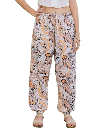 Lofbaz Mujeres Pantalones Harem Boho Cintura Alta Yoga Joggers Ropa Suelta Fluyente Verano Playa Hippie Bohemio Lounge Paisley Blanco Durazno OS