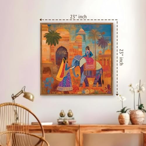 Image of PAINTINGMANTRA Rajasthani Elephant Folk Framed Painting For Living Room | Indian Traditional Large Canvas Painting With Frame Wall Art For Bedroom, Hallway's, Office, Hotel, Size 58x58 cm