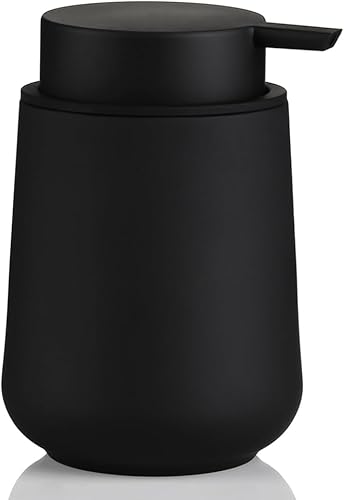 Dispensador de jabón líquido negro mate de plástico de 11 onzas, estilo minimalista moderno para encimera de baño y cocina, recargable