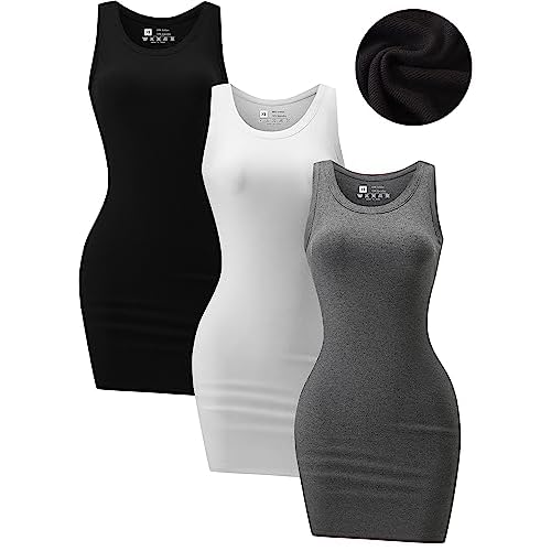 3 Piece Womens Summer Ribbed Tank Dress Scoop Neck Sleeveless Tank Top Dresses Basic Bodycon Mini Dress Black/White/Gray1 Small