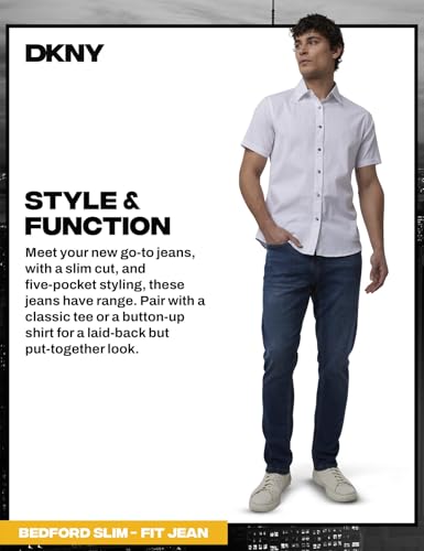 Image of DKNY Bedford Slim Fit Jeans for Men - Tapered Leg Stretch Denim Pants, Classic 5-Pocket Styling | Mens Slim Fit Jeans