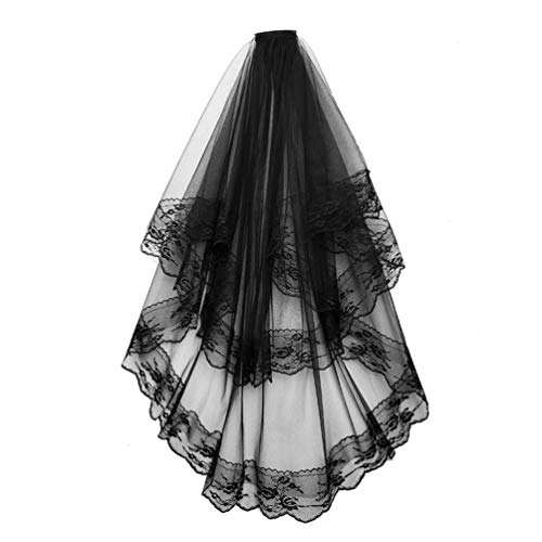 NUOBESTY Black Lace Veil Cathedral Tulle Veil Double Layer Wedding Veil for Bride with Comb