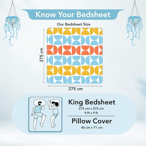 Image of Divine Casa Cotton King Size Bedsheet | 210 TC Soft Breathable Pigment Twill Satin Bed Sheet with 2 Pillow Covers | Luxury Bedding Set | 275 x 275 cm (Orange & Blue, Gemetic)