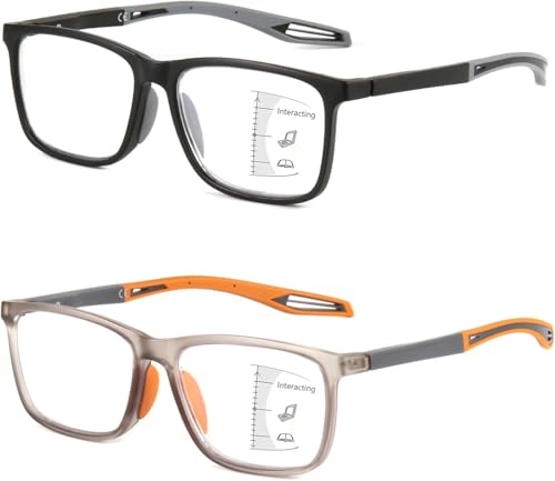 Missfive 2 Pack Upgraded Bend-Proof Multifocus Progressive Reading Glasses Men, TR90 Sporty Frame & Metal Spring Hinge, No-Line Multifocal Anti Blue/UV Near-Mid Range Readers, 2.5